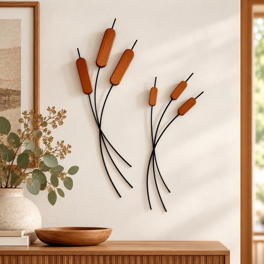 Pine Teak Cattails Wall Art Decor Scandi, MCM Style Beach Modern Coastal 21"